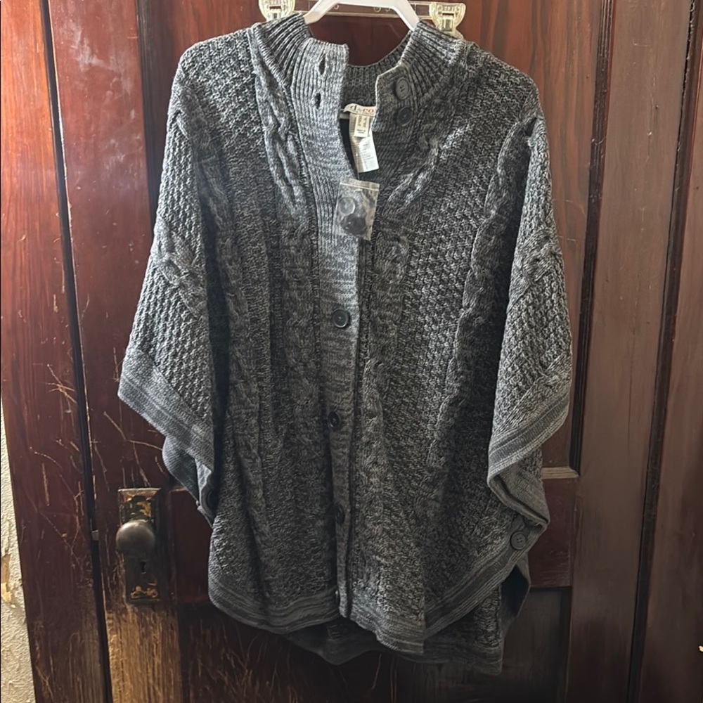 Gray Knit Button-Up Poncho